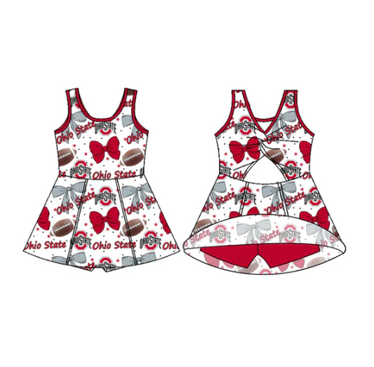 7.29 Preorder (moq 5)Baby Girls Sleeveless Bows Footballs Ohiostate Shorts Team Knee Length Dress