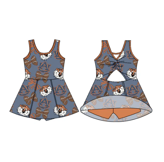 7.29 Preorder (moq 5)Baby Girls Sleeveless Football Bows Plaid AU Shorts Team Knee Length Dress