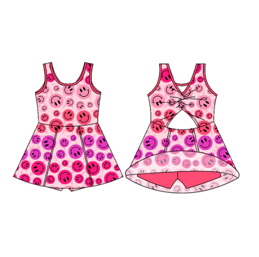 7.29 Preorder (moq 5)Baby Girls Pink Sleeveless Smiles Lights Shorts Team Knee Length Dresses