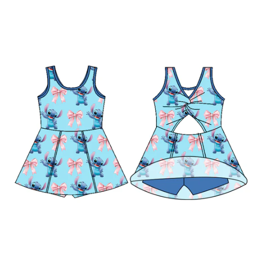 7.29 Preorder (moq 5)Baby Girls Blue Sleeveless Cartoon Bunny Bows Shorts Team Knee Length Dress
