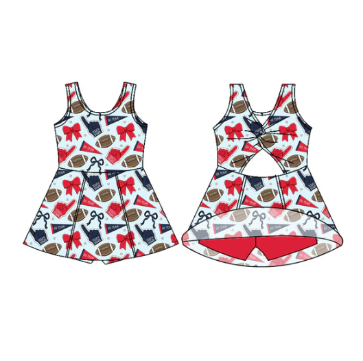 7.29 Preorder (moq 5)Baby Girls Sleeveless Red Hot Blue Bows Footballs Shorts Team Knee Length Dress