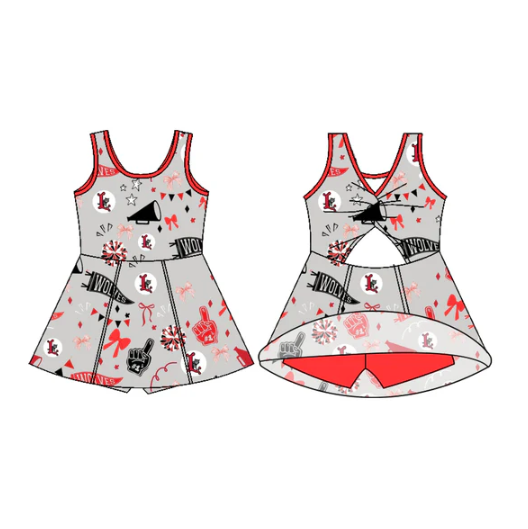7.29 Preorder (moq 5)Baby Girls Sleeveless Wolves Bow Team Shorts Team Dresses