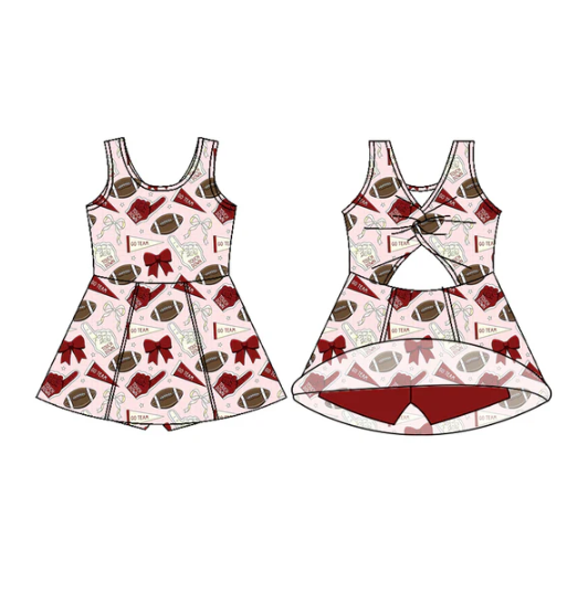 7.29 Preorder (moq 5)Baby Girls Sleeveless Red White Bows Footballs Shorts Team Knee Length Dress