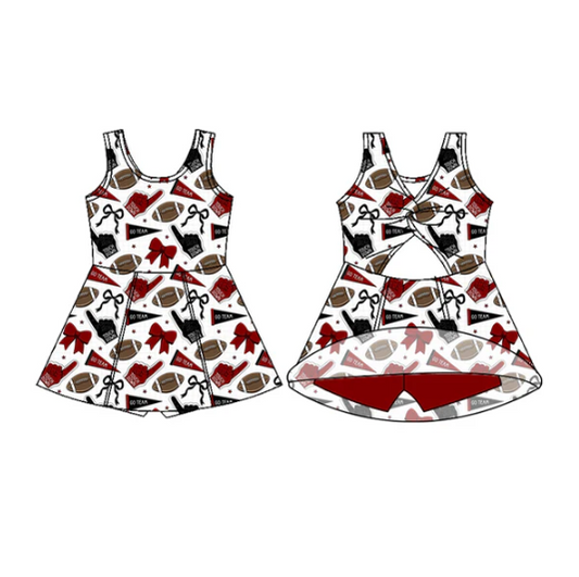 7.29 Preorder (moq 5)Baby Girls Sleeveless Red Black Bows Footballs Shorts Team Knee Length Dress