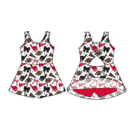 7.29  Preorder (moq 5)Baby Girls Sleeveless Red Navy Bows Footballs Shorts Team Knee Length Dress