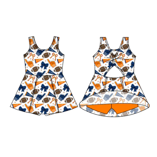 7.29 Preorder (moq 5)Baby Girls Sleeveless Orange Blue Bows Footballs Shorts Team Knee Length Dress
