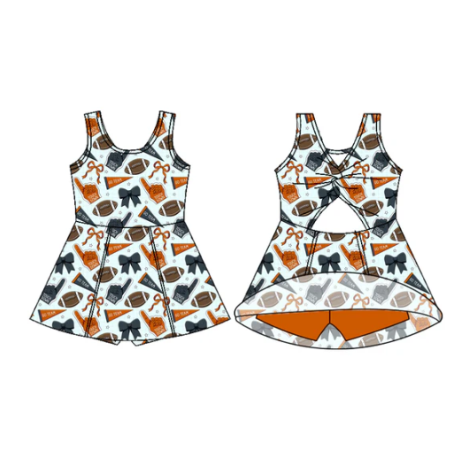 7.29 Preorder (moq 5)Baby Girls Sleeveless Orange Navy Bows Footballs Shorts Team Knee Length Dress
