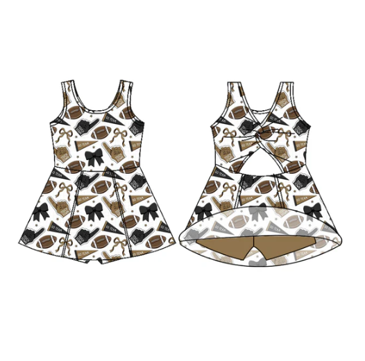 7.29 Preorder (moq 5)Baby Girls Sleeveless Olive Bows Footballs Shorts Team Knee Length Dresses