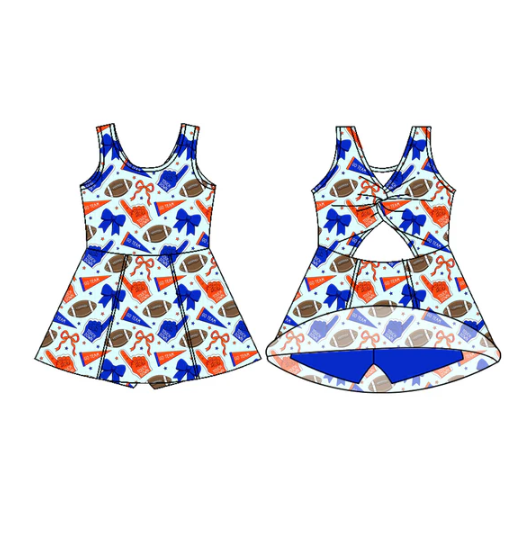 7.29 Preorder (moq 5)Baby Girls Sleeveless Orange Blue Bows Footballs Shorts Team Knee Length Dress