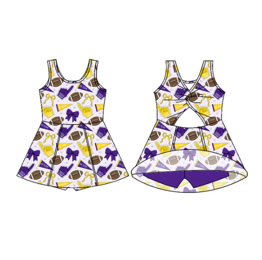 7.29 Preorder (moq 5)Baby Girls Sleeveless Yellow Purple Bows Footballs Shorts Team Knee Length Dress