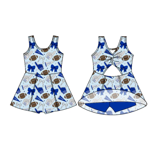 7.29 Preorder (moq 5)Baby Girls Sleeveless Hot Blue Bows Footballs Shorts Team Knee Length Dresses