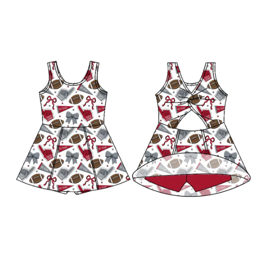 7.29 Preorder (moq 5)Baby Girls Sleeveless Red Bows Footballs Shorts Team Knee Length Dresses