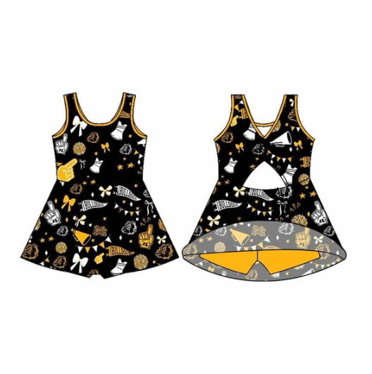 7.29 Preorder (moq 5)Baby Girls Sleeveless Black Bulldogs Bows Football Team Shorts Dresses