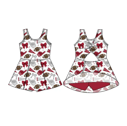 7.29 Preorder (moq 5)Baby Girls Sleeveless Red Bows Footballs Shorts Team Knee Length Dresses
