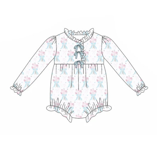 7.30 Preorder(moq 5)Baby Infant Girls Blue Bows Flowers Plaid Button Ruffle Rompers