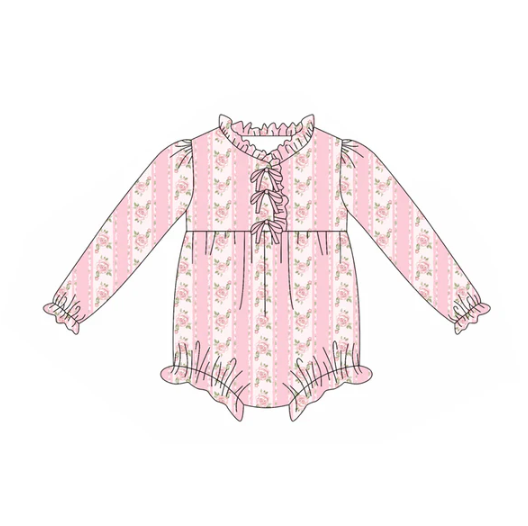 7.30 Preorder(moq 5)Baby Infant Girls Pink Flowers Stripe Button Ruffle Rompers