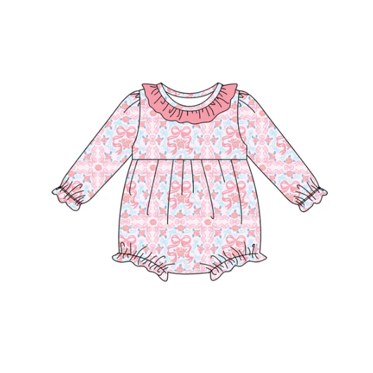 7.30 Preorder(moq 5)Baby Infant Girls Pink Bows Floral Ruffle Rompers
