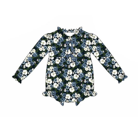 7.30 Preorder(moq 5)Baby Infant Girls Navy Flowers Button Ruffle Rompers