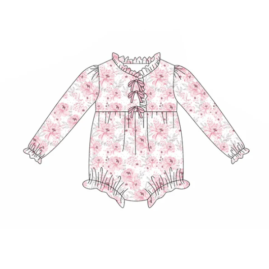 7.30 Preorder(moq 5)Baby Infant Girls Pink Flowers Plaid Button Ruffle Rompers