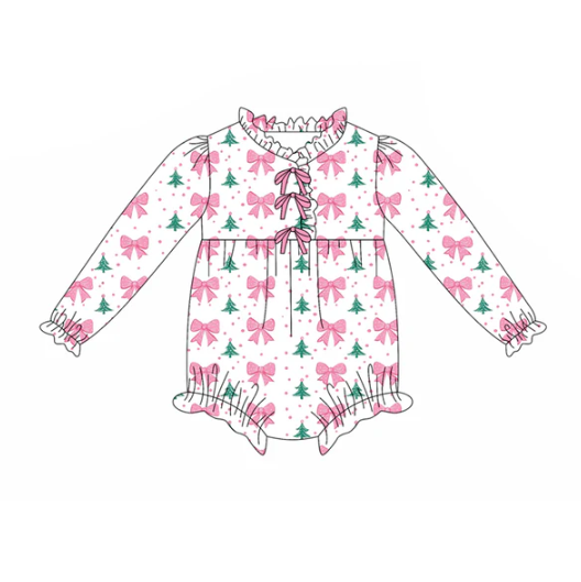 7.30 Preorder(moq 5)Baby Infant Girls Christmas Trees Bows Plaid Ruffle Rompers