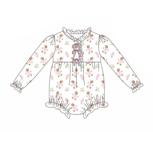 7.30 Preorder(moq 5)Baby Infant Girls Bows Candy Cane Gingerbread Ruffle Christmas Rompers