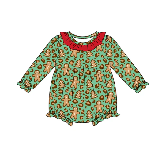 7.30 Preorder(moq 5)Baby Infant Girls Green Leopard Gingerbread Ruffle Christmas Rompers