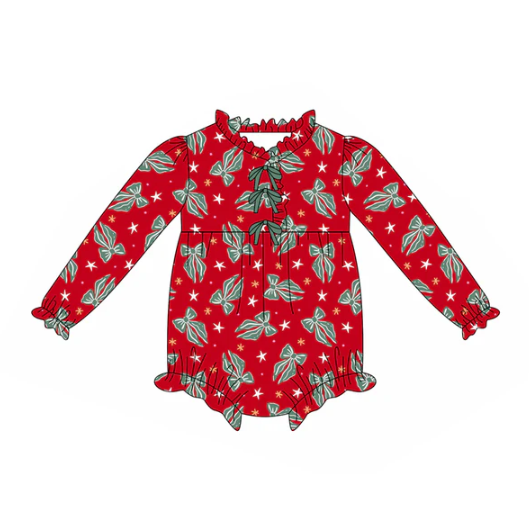 7.30 Preorder(moq 5)Baby Infant Girls Green Bows Stars Plaid Ruffle Christmas Rompers