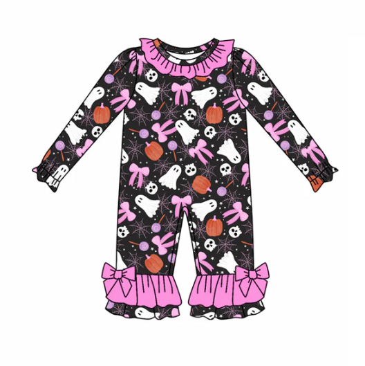 7.30 Preorder(moq 5)Baby Infant Girls Ghost Pumpkins Bows Ruffle Pant Halloween Rompers