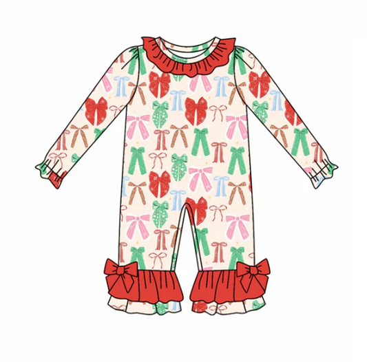 7.30 Preorder(moq 5)Baby Infant Girls Green Red Bows Plaid Ruffle Pant Christmas Rompers