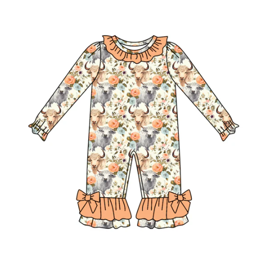 7.30 Preorder(moq 5)Baby Infant Girls Highland Cows Flowers Ruffle Pant Rompers