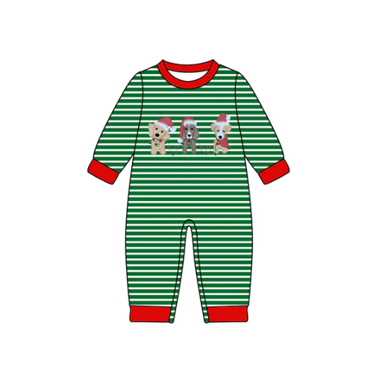 7.30 Preorder(moq 5)Baby Infant Boys Green Stripes Dogs Pants Christmas Rompers