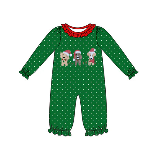 7.30 Preorder(moq 5)Baby Infant Girls Green Polka Dots Dogs Ruffle Pants Christmas Rompers