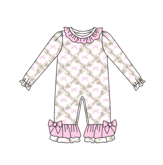 7.30 Preorder(moq 5)Baby Infant Girls Long Sleeves Pink Bows Flowers Plaid Ruffle Pants Rompers