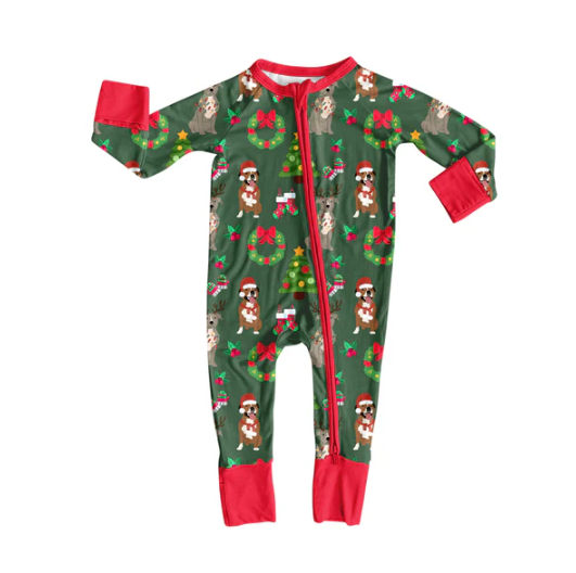 7.30 Preorder(moq 5)Baby Infant Boys Long Sleeves Christmas Trees Dogs Holly Zipper Rompers