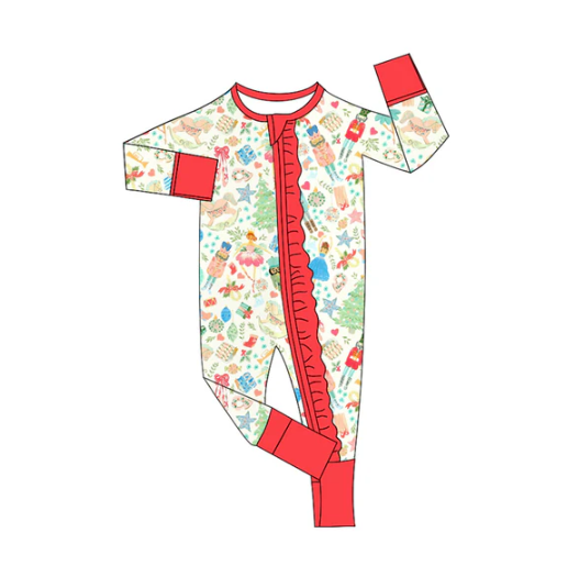 7.30 Preorder(moq 5)Baby Infant Girls Long Sleeves Christmas Trees Soldiers Ruffle Zipper Rompers