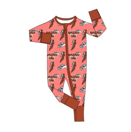 7.30  Preorder(moq 5)Baby Infant Boys Long Sleeves Western Girl Cow Print Lights Zipper Rompers