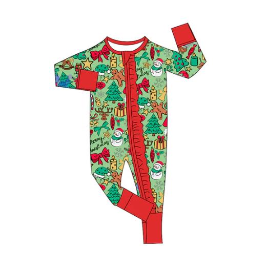 7.30  Preorder(moq 5)Baby Infant Girls Long Sleeves Christmas Trees Gingerbread Zipper Rompers