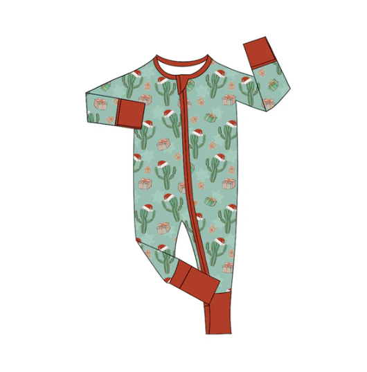 7.30  Preorder(moq 5)Baby Infant Boys Long Sleeves Cactus Christmas Hats Zipper Rompers