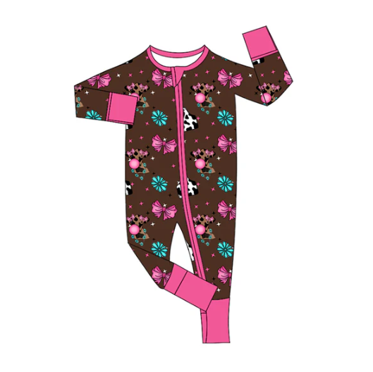 7.30 Preorder(moq 5)Baby Infant Boys Long Sleeves Cow Print Turquoise Zipper Rompers