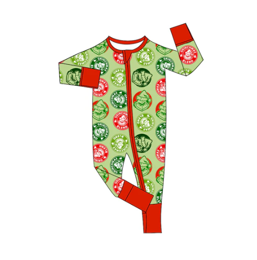7.30 Preorder(moq 5)Baby Infant Boys Long Sleeves Green Face Plaid Christmas Zipper Rompers