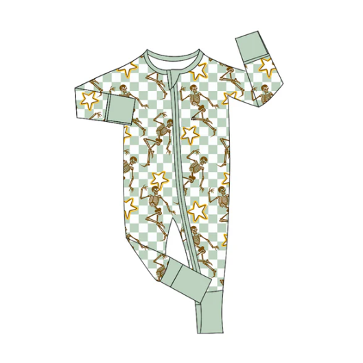 7.30 Preorder(moq 5)Baby Infant Boys Long Sleeves Aqua Plaid Skull Stars Halloween Zipper Rompers
