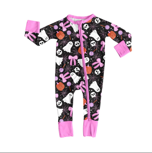 7.30  Preorder(moq 5)Baby Infant Boys Long Sleeves Bows Ghosts Halloween Zipper Rompers