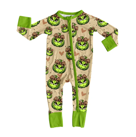 7.30 Preorder(moq 5)Baby Infant Boys Long Sleeves Green Face Pumpkins Christmas Zipper Rompers