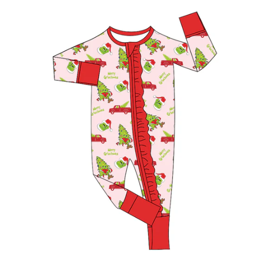 7.30 Preorder(moq 5)Baby Infant Girls Long Sleeves Christmas Trees Green Face Ruffle Zipper Rompers