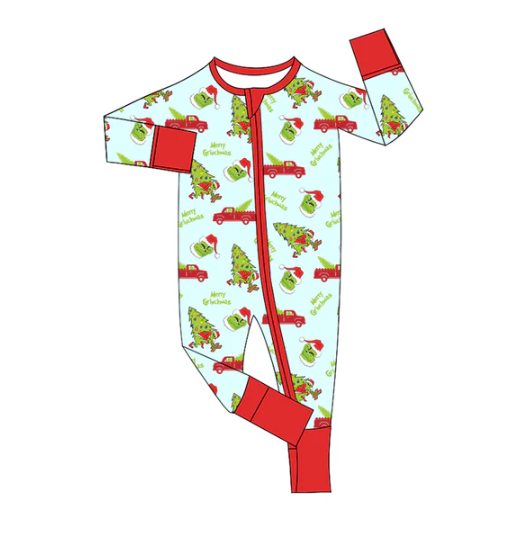 7.30 Preorder(moq 5)Baby Infant Boys Long Sleeves Green Face Christmas Trees Zipper Rompers
