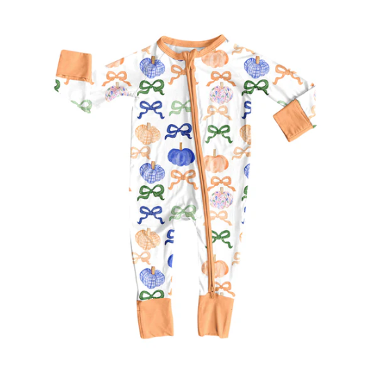 7.30 Preorder(moq 5)Baby Infant Boys Long Sleeves Colorful Bows Pumpkins Fall Zipper Rompers