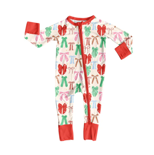 7.30 Preorder(moq 5)Baby Infant Boys Long Sleeves Green Red Bows Christmas Zipper Rompers