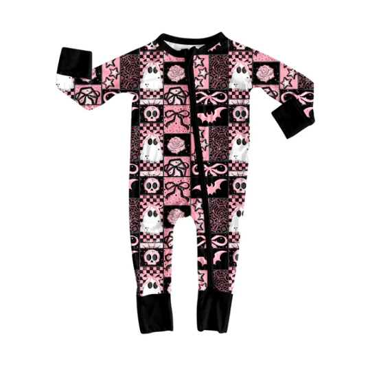 7.30 Preorder(moq 5)Baby Infant Boys Long Sleeves Ghost Bows Plaid Halloween Zipper Rompers