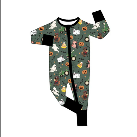 7.30 Preorder(moq 5)Baby Infant Boys Long Sleeves Ghost Pumpkins Halloween Zipper Rompers