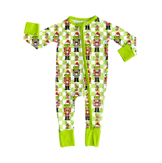 7.30 Preorder(moq 5)Baby Infant Boys Long Sleeves Green Face Soldiers Plaid Christmas Zipper Rompers